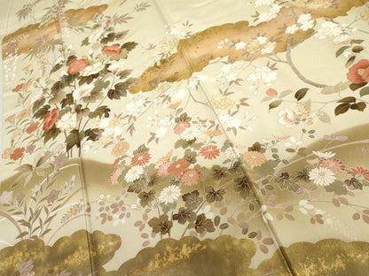 平和屋着物●訪問着　友禅　駒刺繍　雲取枝花文　暈し染め　金彩　正絹　逸品　AABH7176cs