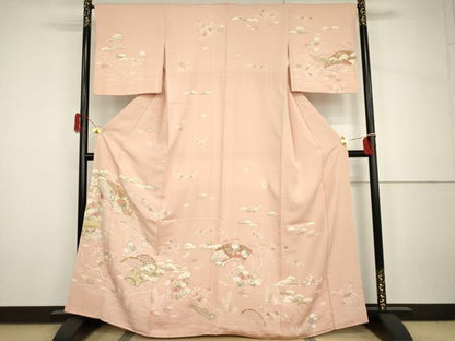 平和屋着物●訪問着　友禅　駒刺繍　地紙風景花松船文　金彩　正絹　逸品　AABH7179cs