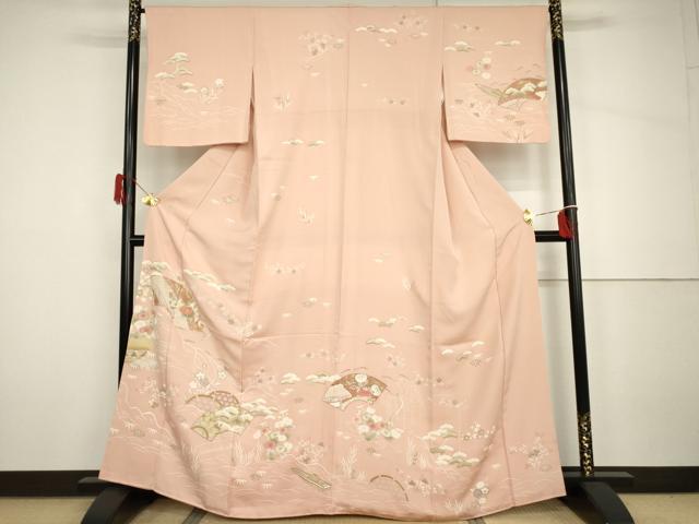 平和屋着物●訪問着　友禅　駒刺繍　地紙風景花松船文　金彩　正絹　逸品　AABH7179cs