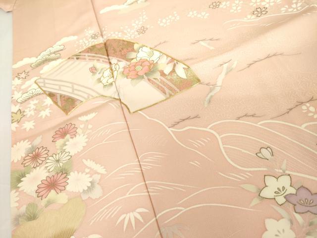 平和屋着物●訪問着　友禅　駒刺繍　地紙風景花松船文　金彩　正絹　逸品　AABH7179cs