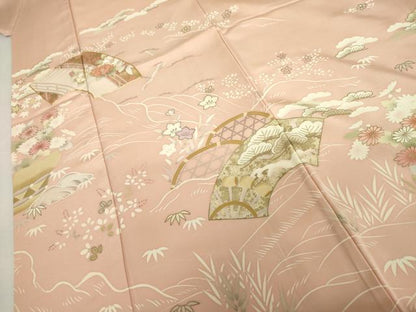 平和屋着物●訪問着　友禅　駒刺繍　地紙風景花松船文　金彩　正絹　逸品　AABH7179cs