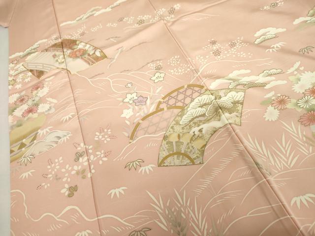 平和屋着物●訪問着　友禅　駒刺繍　地紙風景花松船文　金彩　正絹　逸品　AABH7179cs
