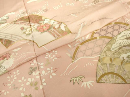 平和屋着物●訪問着　友禅　駒刺繍　地紙風景花松船文　金彩　正絹　逸品　AABH7179cs