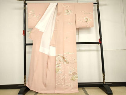 平和屋着物●訪問着　友禅　駒刺繍　地紙風景花松船文　金彩　正絹　逸品　AABH7179cs