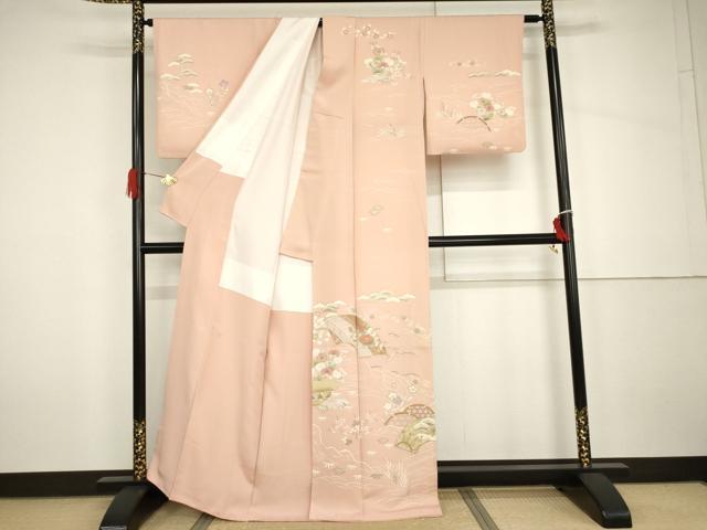 平和屋着物●訪問着　友禅　駒刺繍　地紙風景花松船文　金彩　正絹　逸品　AABH7179cs