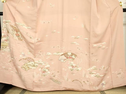 平和屋着物●訪問着　友禅　駒刺繍　地紙風景花松船文　金彩　正絹　逸品　AABH7179cs