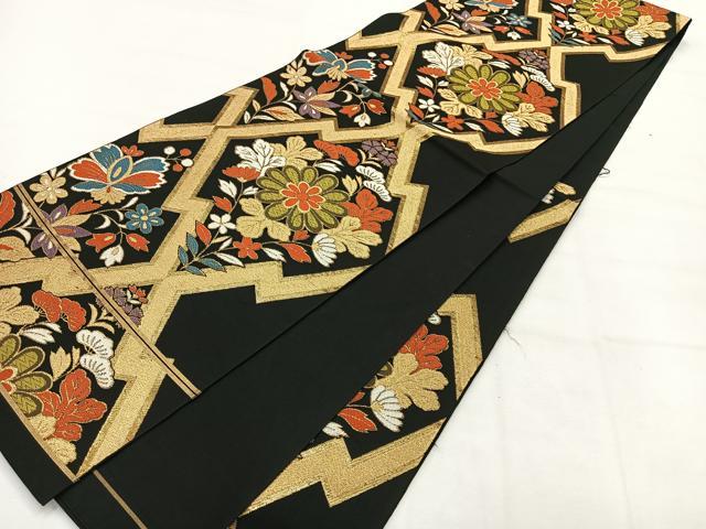 平和屋着物◎六通柄　本袋帯　松皮菱花文　黒地　金糸　正絹　逸品　AABH5522uk