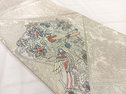平和屋着物◎六通柄袋帯　唐織　花鳥文　銀糸　正絹　逸品　AABH5540uk