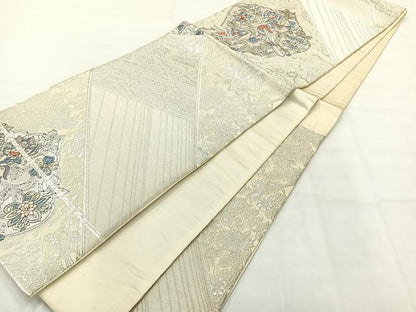 平和屋着物◎六通柄袋帯　唐織　花鳥文　銀糸　正絹　逸品　AABH5540uk