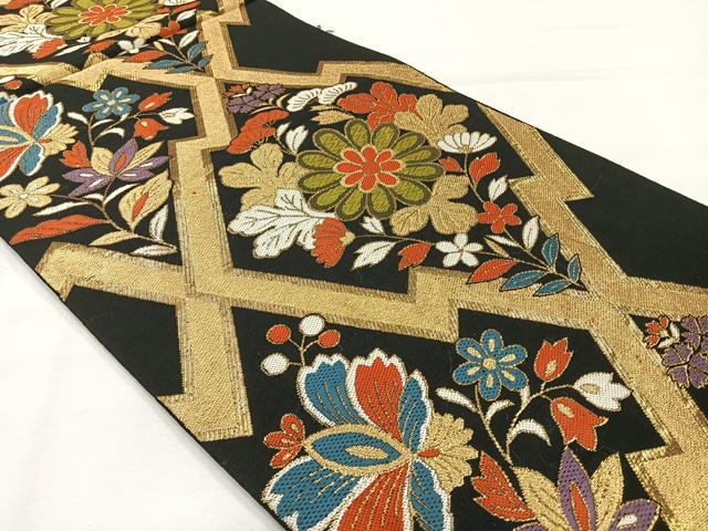 平和屋着物◎六通柄　本袋帯　松皮菱花文　黒地　金糸　正絹　逸品　AABH5522uk