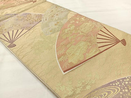 平和屋着物◎六通柄袋帯　扇面風景文　金糸　正絹　逸品　AABH5521uk