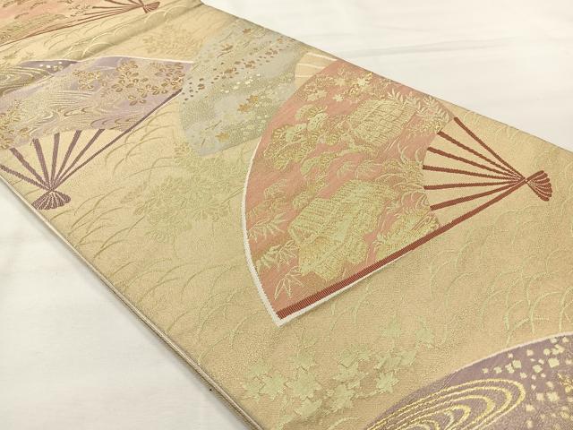 平和屋着物◎六通柄袋帯　扇面風景文　金糸　正絹　逸品　AABH5521uk