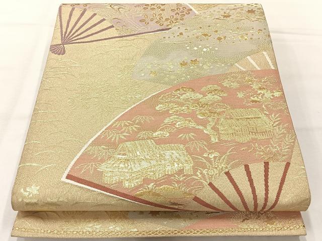 平和屋着物◎六通柄袋帯　扇面風景文　金糸　正絹　逸品　AABH5521uk