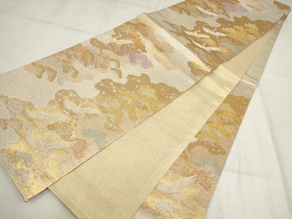 平和屋着物▼六通柄袋帯　流水飛鶴松文　金銀糸　正絹　逸品　AABH1907wj