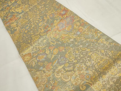 平和屋着物▼六通柄袋帯　花唐草文　金糸　正絹　逸品　AABH1904wj
