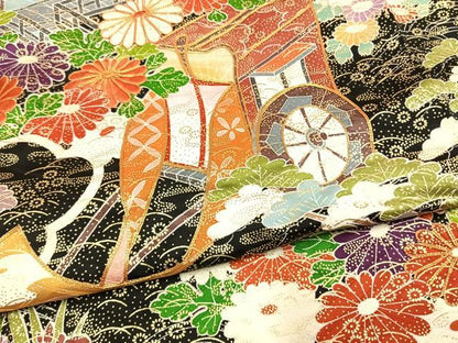 平和屋着物●豪華振袖　駒刺繍　御所車花文　暈し染め　金彩　正絹　逸品　AABH4819fy
