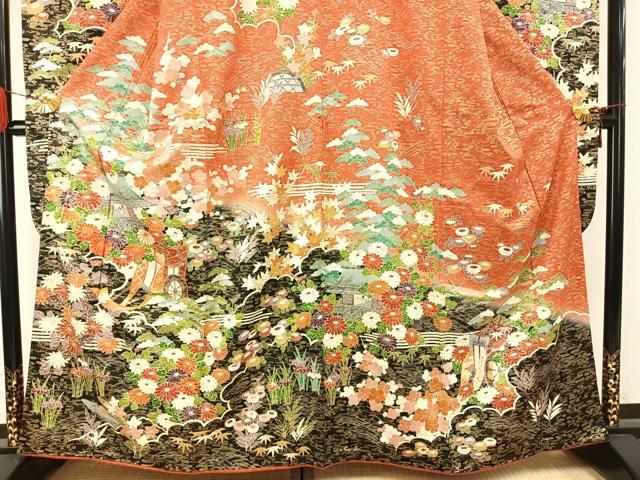 平和屋着物●豪華振袖　駒刺繍　御所車花文　暈し染め　金彩　正絹　逸品　AABH4819fy