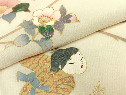 平和屋着物●訪問着　作家物　人物枝花文　金彩　正絹　逸品　AABH4841fy