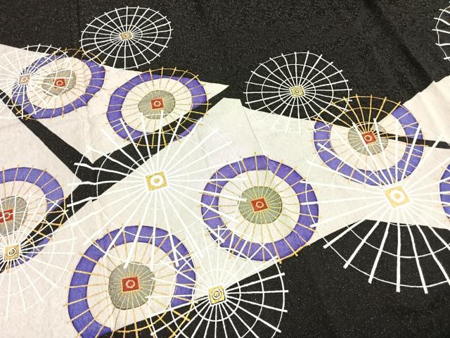 平和屋着物●訪問着　番傘　黒地　金彩　銀通し地　正絹　逸品　AABH4886fy 平和屋着物○訪問着 番傘 黒地 金彩 銀通し地 正絹 逸品 AABH4886fy
