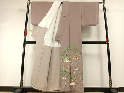 平和屋着物●豪華色留袖　友禅　駒刺繍　風景花文　金彩　正絹　逸品　AABH4891fy