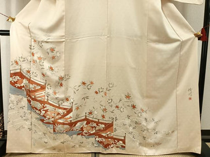 平和屋着物●訪問着　作家物　幔幕　枝花文　金彩　正絹　逸品　AABH4876fy