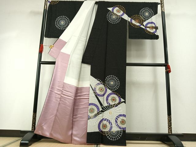 平和屋着物●訪問着　番傘　黒地　金彩　銀通し地　正絹　逸品　AABH4886fy 平和屋着物○訪問着 番傘 黒地 金彩 銀通し地 正絹 逸品 AABH4886fy