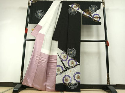 平和屋着物●訪問着　番傘　黒地　金彩　銀通し地　正絹　逸品　AABH4886fy