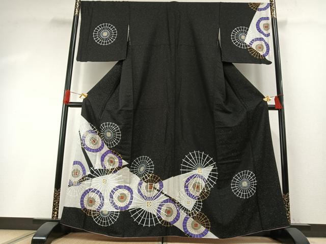 平和屋着物●訪問着　番傘　黒地　金彩　銀通し地　正絹　逸品　AABH4886fy