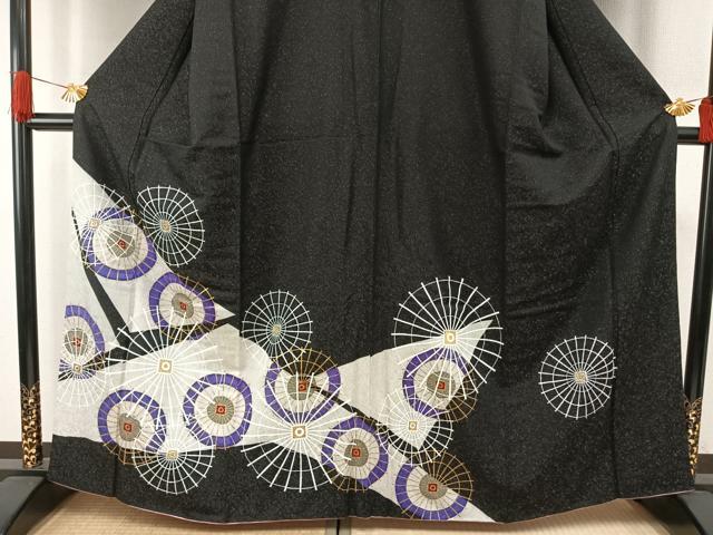 平和屋着物●訪問着　番傘　黒地　金彩　銀通し地　正絹　逸品　AABH4886fy 平和屋着物○訪問着 番傘 黒地 金彩 銀通し地 正絹 逸品 AABH4886fy