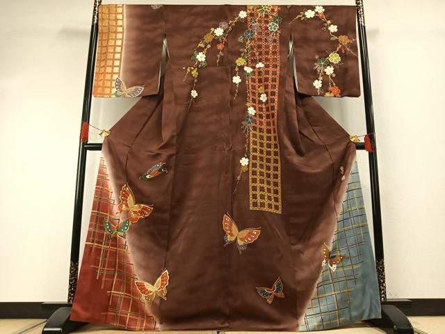 平和屋着物●世界的ファッションデザイナー　山本寛斎　kansaiブランド　訪問着　駒刺繍　花蝶文　暈し染め　金彩　正絹　逸品　AABH4897fy