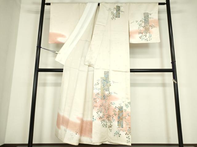平和屋着物▽訪問着　単衣　刺繍　洗練五枚朱子　短冊花文　暈し染め　金銀彩　伊と幸　反端付き　正絹　逸品　DABE4136az