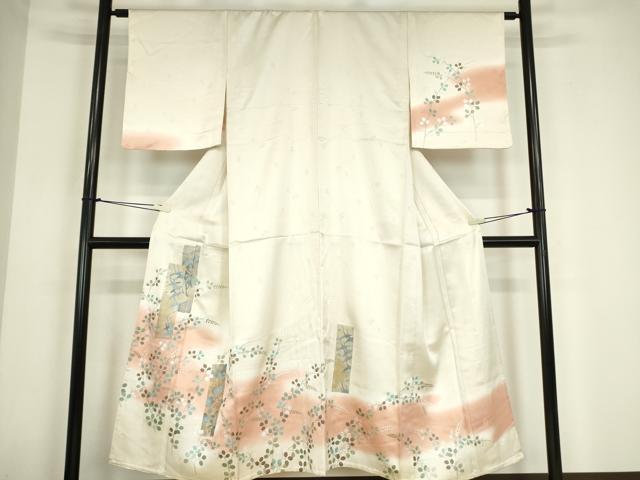 平和屋着物▽訪問着　単衣　刺繍　洗練五枚朱子　短冊花文　暈し染め　金銀彩　伊と幸　反端付き　正絹　逸品　DABE4136az
