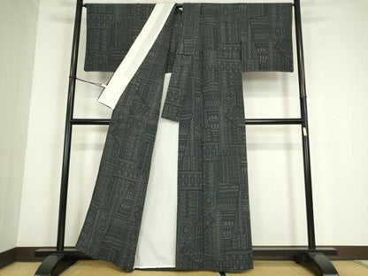 平和屋着物▽本塩沢　単衣　幾何学文　正絹　逸品　未使用　DABE4166az