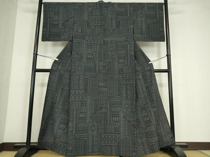 平和屋着物▽本塩沢　単衣　幾何学文　正絹　逸品　未使用　DABE4166az