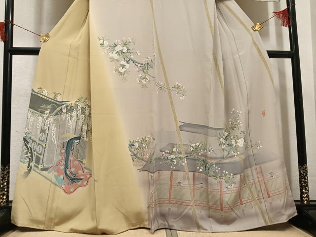 平和屋着物●訪問着　友禅　作家物　夢也　御所車女人花文　暈し染め　正絹　逸品　AABH6930ph