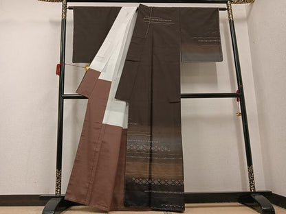 平和屋着物●花織　訪問着　紬地　横段文　正絹　逸品　未使用　AABH6939ph
