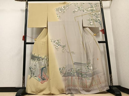 平和屋着物●訪問着　友禅　作家物　夢也　御所車女人花文　暈し染め　正絹　逸品　AABH6930ph
