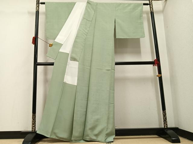 平和屋着物●上質な紬　色無地　山葵色　正絹　逸品　AABH6947ph