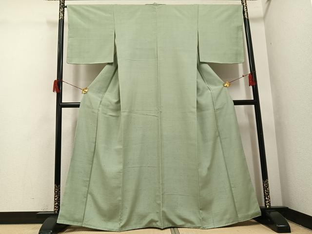 平和屋着物●上質な紬　色無地　山葵色　正絹　逸品　AABH6947ph