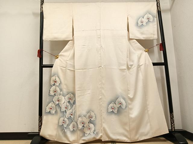 平和屋着物●訪問着　紬地　手描き　胡蝶蘭　正絹　逸品　AABH8250ph