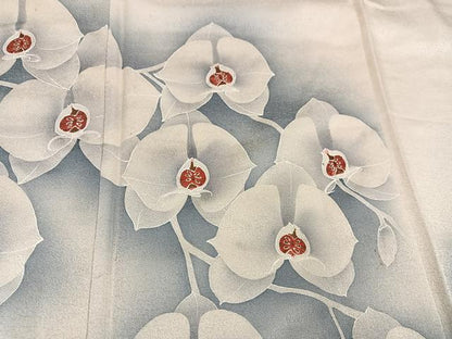 平和屋着物●訪問着　紬地　手描き　胡蝶蘭　正絹　逸品　AABH8250ph