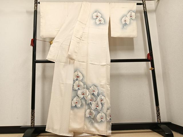 平和屋着物●訪問着　紬地　手描き　胡蝶蘭　正絹　逸品　AABH8250ph