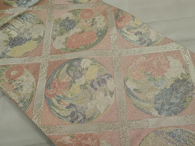 平和屋着物◎六通柄袋帯 草花丸文 銀糸 正絹 逸品 CABE4294ou