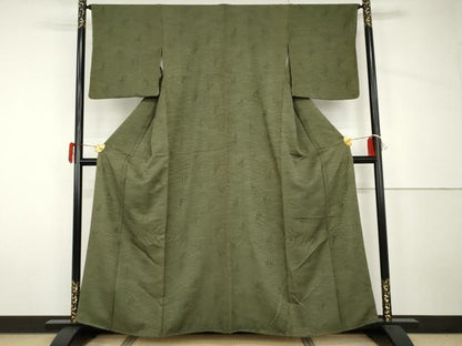 平和屋着物●上質な色無地　芝葉地紋　老竹色　正絹　逸品　AABH7240cs