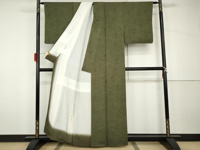 平和屋着物●上質な色無地　芝葉地紋　老竹色　正絹　逸品　AABH7240cs