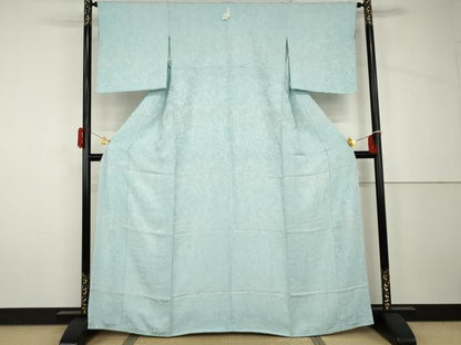 平和屋着物●上質な色無地　扇面草花地紋　水色　正絹　逸品　未使用　AABH8852cs