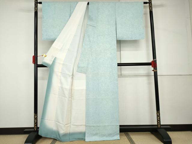 平和屋着物●上質な色無地　扇面草花地紋　水色　正絹　逸品　未使用　AABH8852cs