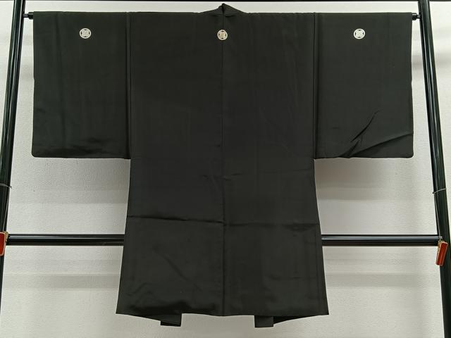 平和屋着物∞男性　長羽織　紬地　黒紋付　羽裏：風景文　正絹　逸品　CABE4960ua