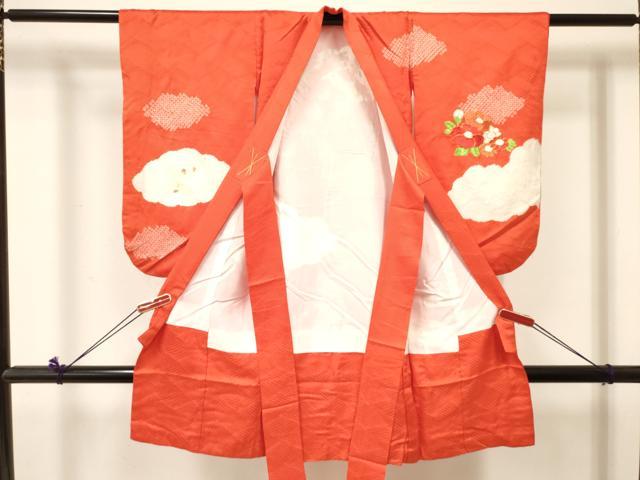 平和屋着物[]女の子　子供　３歳　祝着　三つ身　駒刺繍　絞り　陶器花文　逸品　DABC5428ma