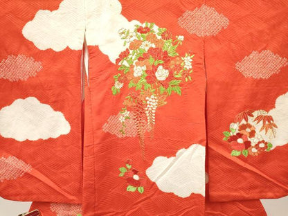 平和屋着物[]女の子　子供　３歳　祝着　三つ身　駒刺繍　絞り　陶器花文　逸品　DABC5428ma